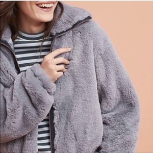 Anthropologie Elevenses faux fur periwinkle jacket with rose gold zip